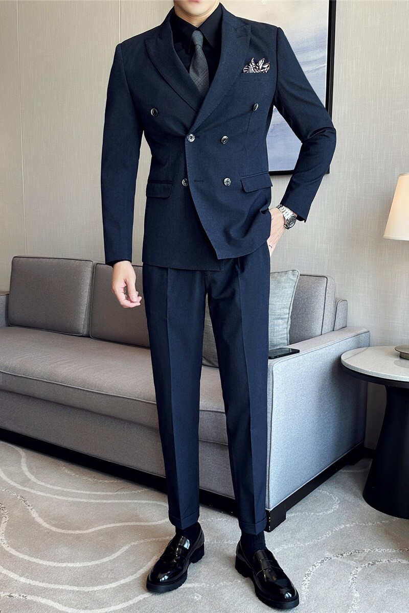 高品质面料西服套装双排扣戗驳领西装三件套男雾蓝色SJT8011-P275,男装西服套装,电商A213