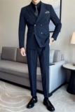 高品质面料西服套装双排扣戗驳领西装三件套男雾蓝色SJT8011-P275，男装西服套装，电商A213