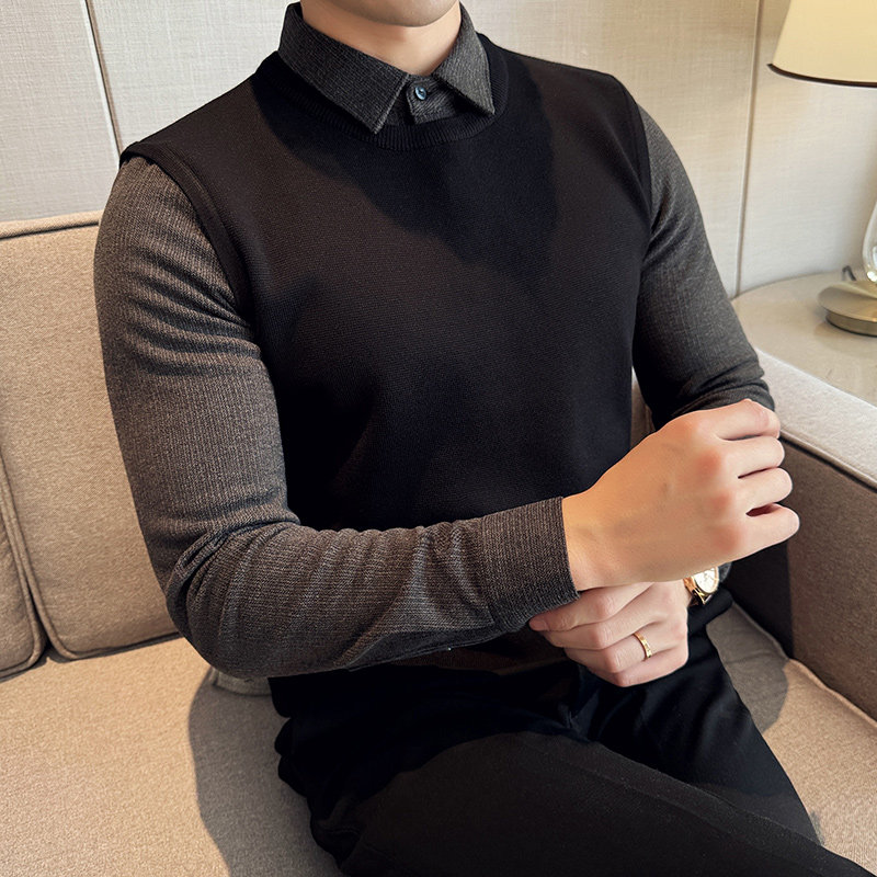 加厚条纹毛呢衬衫领男毛衣商务假两件针织衫高级感黑色M9515-P93图片