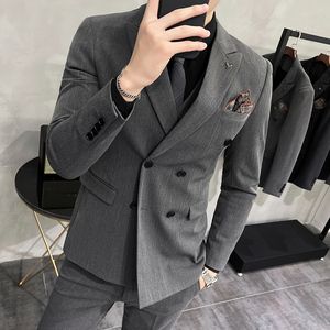 秋装条纹西装男套装韩版修身双排扣西服三件套中灰色SJT302/P280图片
