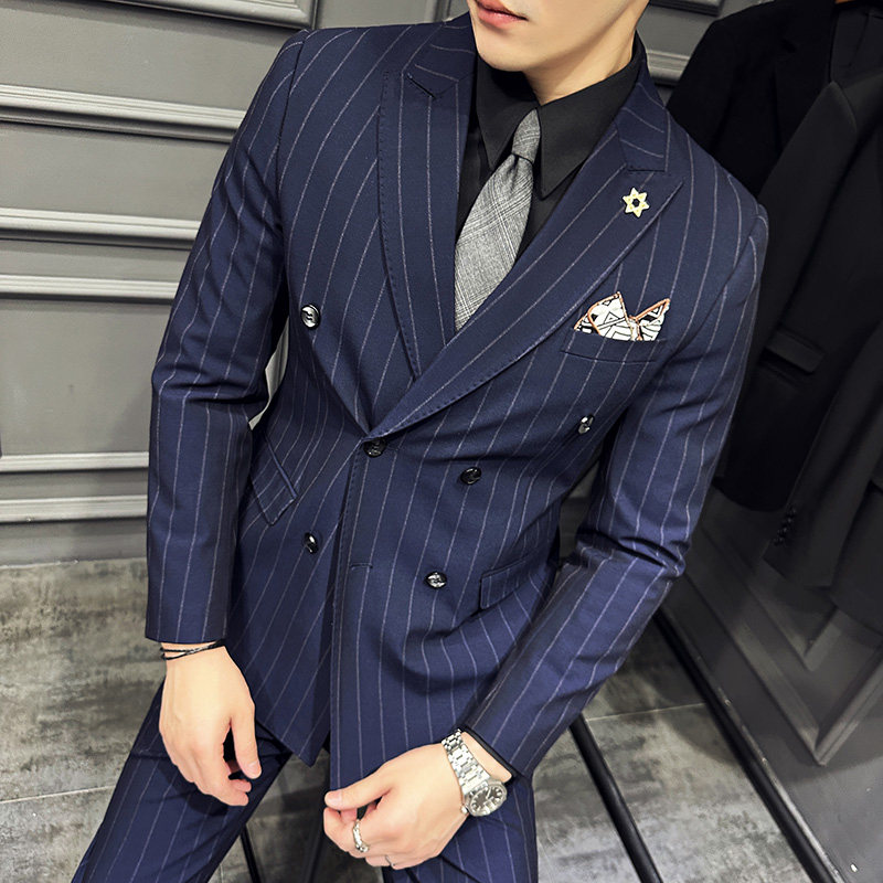 高级感西服套装条纹双排扣戗驳领西装三件套男蓝色SJT8013-P275,男装西服套装,电商A213