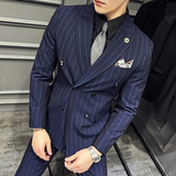 高级感西服套装条纹双排扣戗驳领西装三件套男蓝色SJT8013-P275，男装西服套装，电商A213
