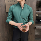 2025春装~新中式高级感立领衬衫男长袖弹力垂感衬衣蓝色C2350-P58，男装衬衫，电商A213