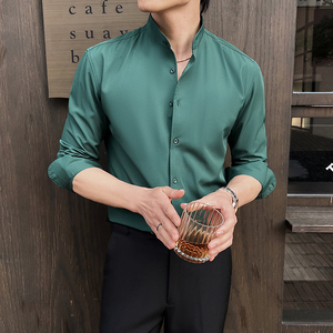 2025春装~新中式高级感立领衬衫男长袖弹力垂感衬衣蓝色C2350-P58图片
