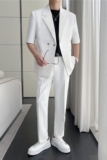 送皮带~夏装男宽松质感白色中袖西装两件套短袖西服LJT5503-P220，男装T恤，电商A213