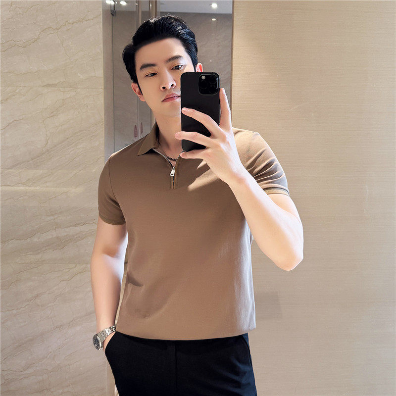 半拉链短袖Polo衫时尚翻领薄款休闲冰丝弹力T恤咖啡色PL2710-P57，男装Polo衫，电商A213