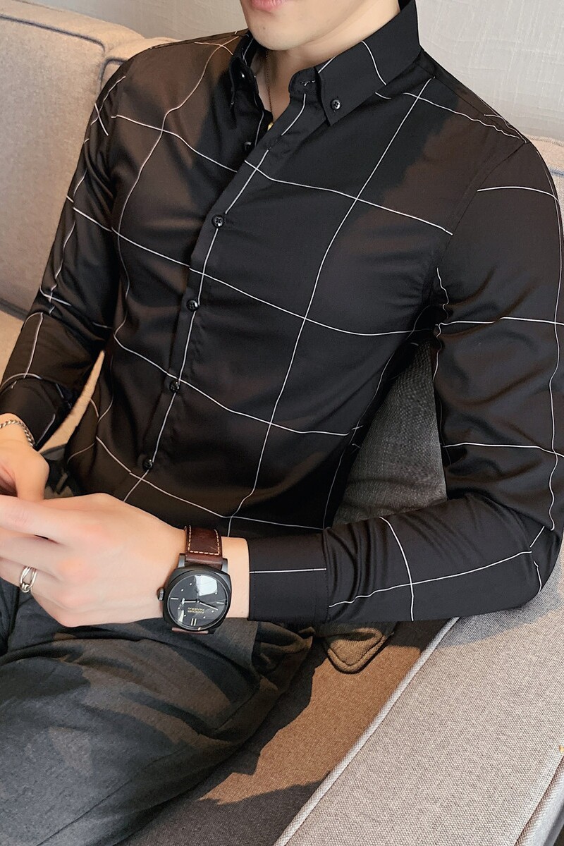 长期做格子衬衫男长袖修身商务正装衬衣黑色CS07-P55,男装衬衫,电商A213