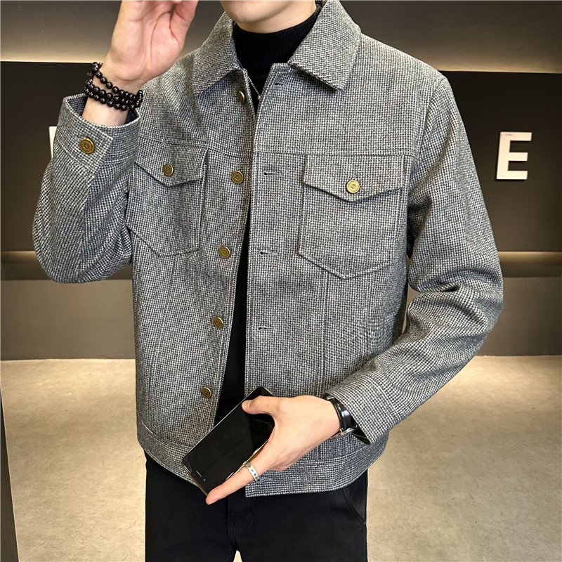 冬季千鸟格毛呢夹克男修身翻领短款格子外套灰色JK7012-P145,男装夹克,电商A213