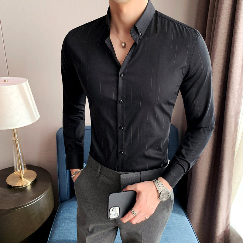 长期做  男士虚线条纹长袖衬衫修身衬衣商务休闲衬衣黑C2021-P68图片