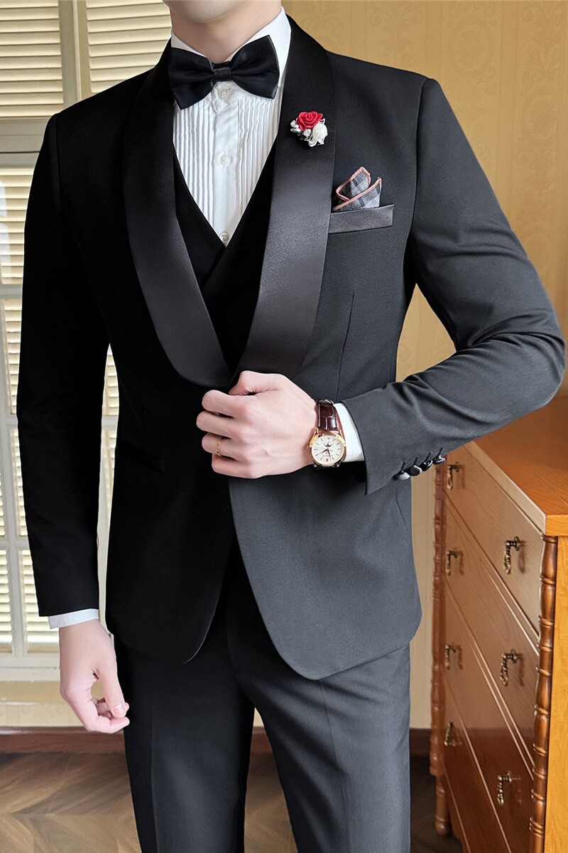 新增5XL~新郎结婚礼服西装三件套青果领塔士多西装SJT888-P265，男装西服套装，电商A213