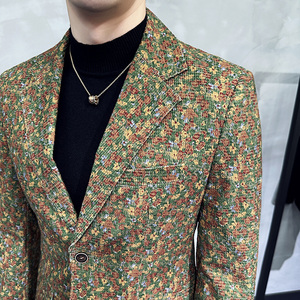 秋冬高级感花色西服外套男印花西装厚款单西上衣卡其色DX920-P155图片