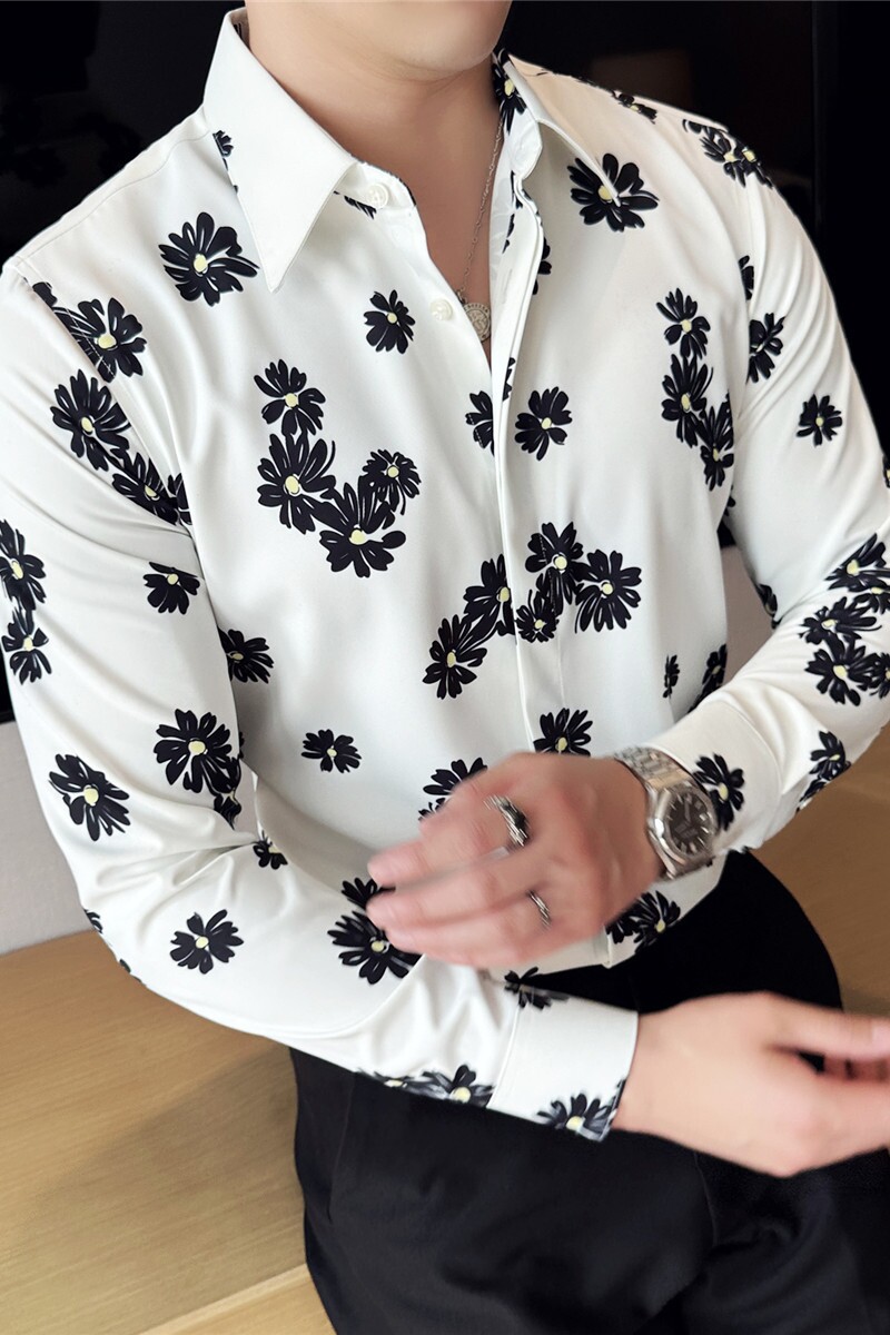 高级感雏菊印花衬衣时尚花衬衫男长袖商务休闲免烫白色CZ003-P63,男装衬衫,电商A213