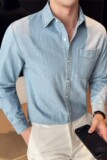 纯棉水洗带口袋牛仔衬衫~复古休闲浅蓝色长袖衬衣外套男C3307-P78，男装衬衫，电商A213