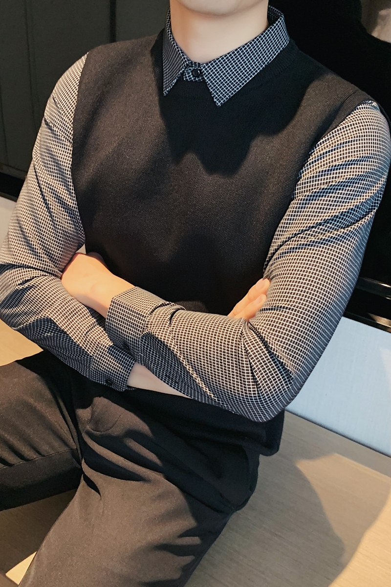 补齐大货千鸟格子衬衫领假两件纯色毛衣针织套头毛衣男M1512-P95，男装针织衫/毛衣，电商A213