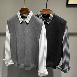 秋冬加厚假两件条纹拼接衬衫领针织背心男士套头毛衣M6801-P88图片