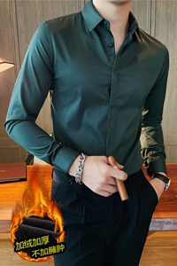 冬季加厚加绒长袖衬衫男纯色暗扣修身长袖衬衣墨绿色JR6637-P65图片