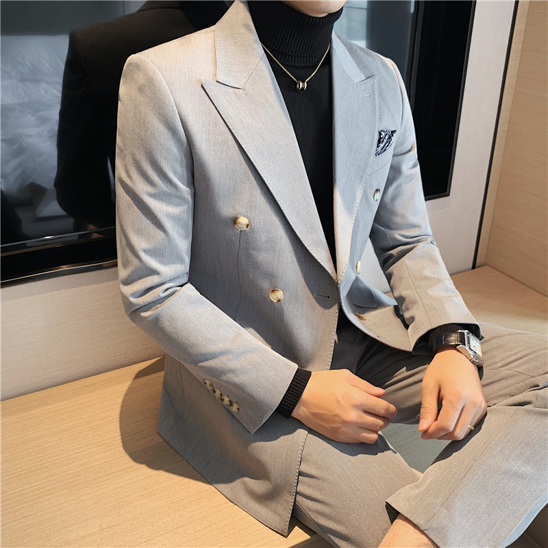 休闲西装双排扣西服套装男士西装两件套韩版修身灰色LJT627/P230,男装西服套装,电商A213