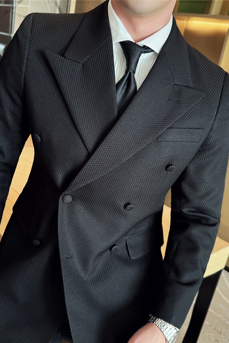 华夫格大戗驳领双排扣西服套装男礼服西装两件套黑色LJT6601-P205图片
