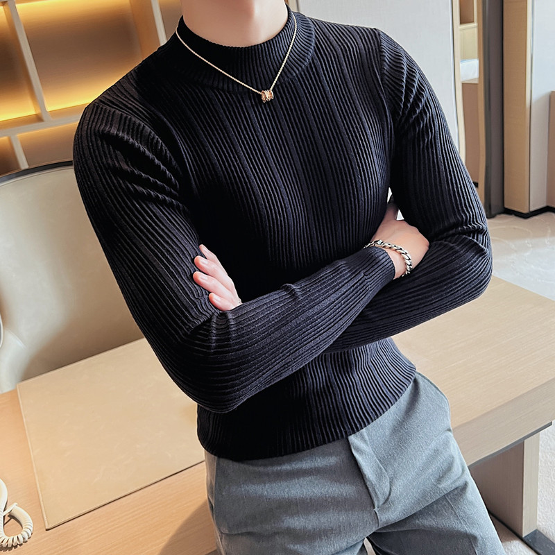 主推款~条纹半高领毛衣男针织套头毛衣男修身上衣黑色MY01-P47图片