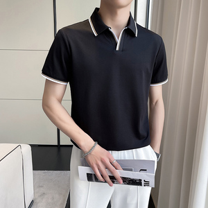 轻熟风~V领拼色翻领T恤男士短袖POLO衫黑色PL05-P55图片