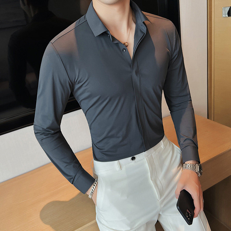 高弹力高品质无痕压胶坠感男士暗扣长袖衬衫男修身衬衣C8642-P78,男装衬衫,电商A213