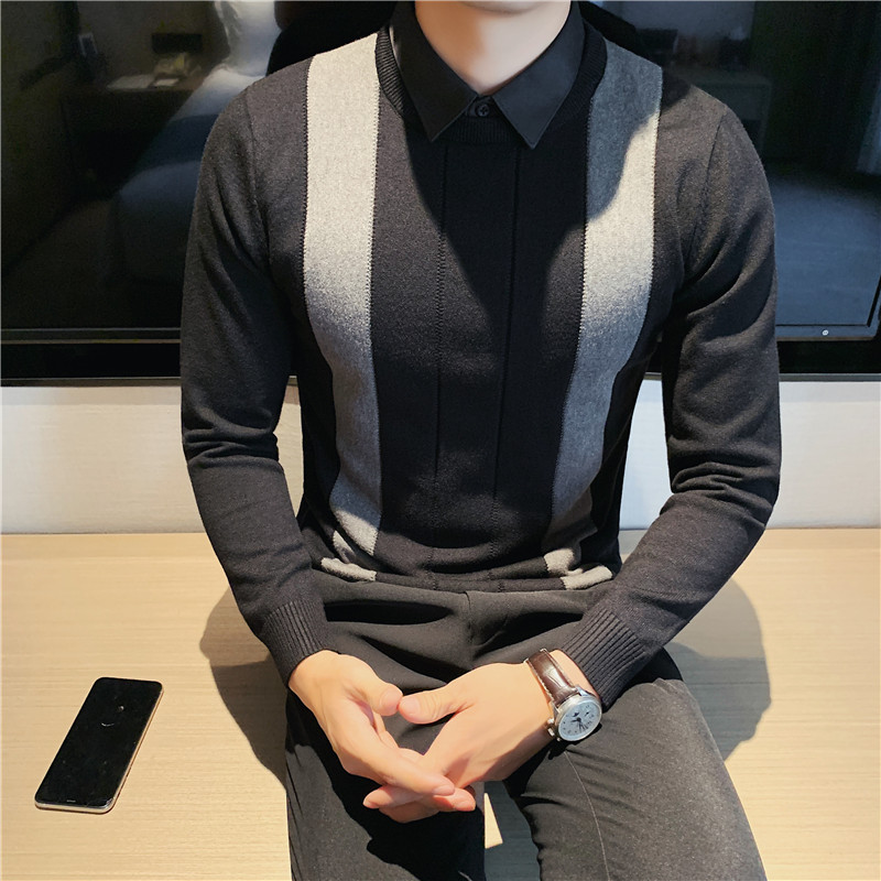 补齐大货条纹拼接针织毛衣衬衫领假两件毛衣男毛衫黑色M9305-P90,男装针织衫/毛衣,电商A213