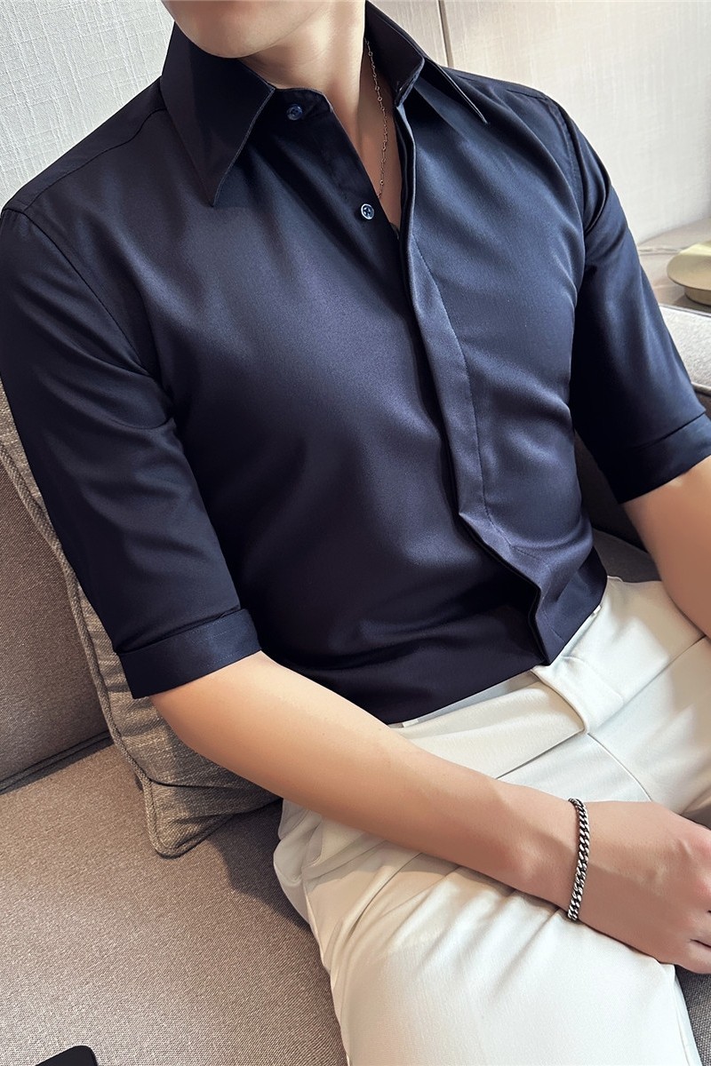 夏季暗门襟大领衬衫男中袖帅气商务休闲男五分袖衬衣C2341-P58,男装T恤,电商A213