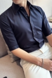 夏季暗门襟大领衬衫男中袖帅气商务休闲男五分袖衬衣C2341-P58，男装T恤，电商A213