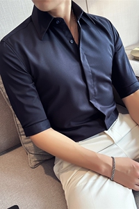 夏季暗门襟大领衬衫男中袖帅气商务休闲男五分袖衬衣C2341-P58图片