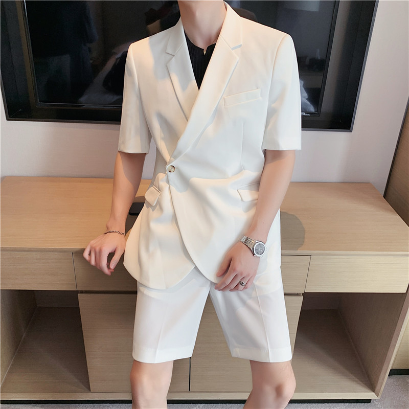 夏季薄款纯色短袖西服外套潮男微阔西服上衣白色DX23/P145