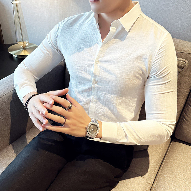 男英伦亚麻褶皱舒适面料修身长袖衬衫复古休闲衬衣白色C2023-P58，男装衬衫，电商A213
