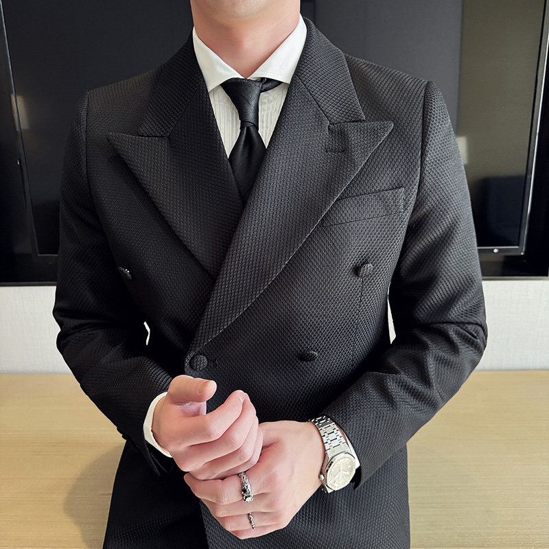 华夫格大戗驳领双排扣西服套装男礼服西装两件套黑色LJT6601-P205图片