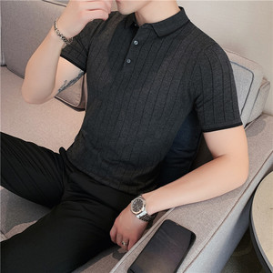 夏季时尚暗条纹针织Polo衫拼色修身翻领短袖T恤卡其色PL9725-P60图片