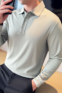 高品质翻领长袖T恤男弹力高级感带领Polo衫淡灰绿T6803-P58图片