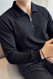 高弹加厚泡泡纱面料半拉链polo衫男长袖翻领t恤黑色PL2637-P63，男装T恤，电商A213