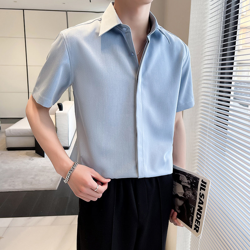 轻熟风~暗门襟尖领衬衫男短袖帅气休闲男衬衣白色C2303-P58,男装T恤,电商A213