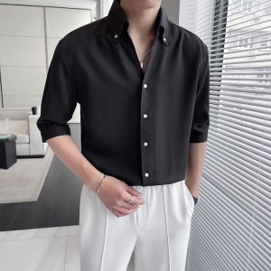轻熟风~V领衬衫男中袖帅气休闲一片领五分袖衬衣白色C2301-P58图片