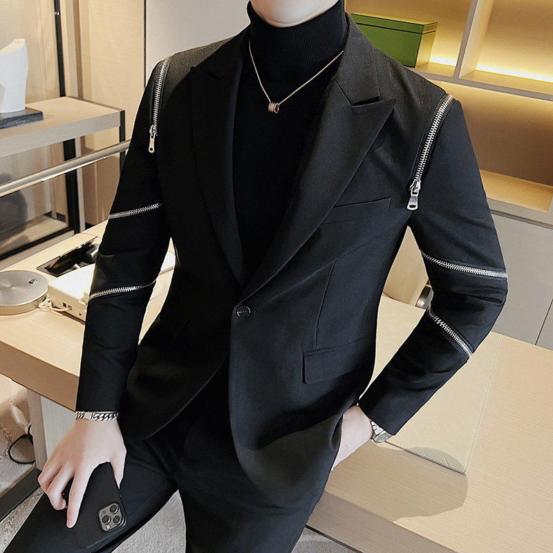 拉链设计感~质感个性帅气西服上衣男西装外套黑色DX8807-P185,男装西服,电商A213