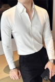 高级感华夫格V领衬衫男长袖无痕压胶弹力垂感衬衣白色C6636-P78，男装衬衫，电商A213