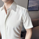 夏季网红暗门襟尖领衬衫男短袖帅气商务休闲男衬衣白色C2303-P58，男装T恤，电商A213