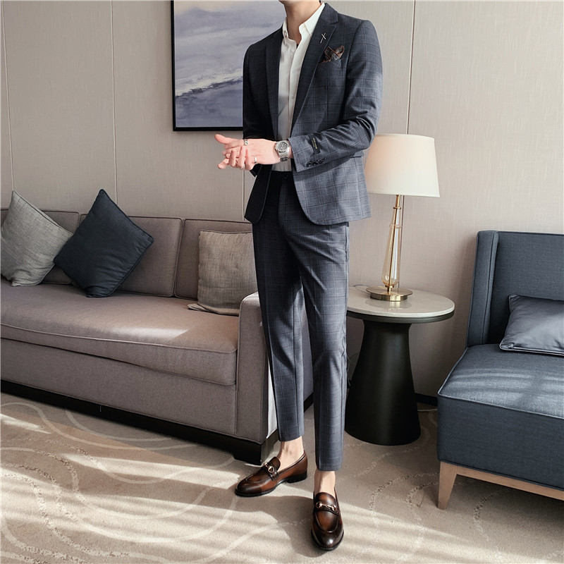 长期做男士格子西装两件套修身西服套装帅气LJT873-P230,男装西服套装,电商A213