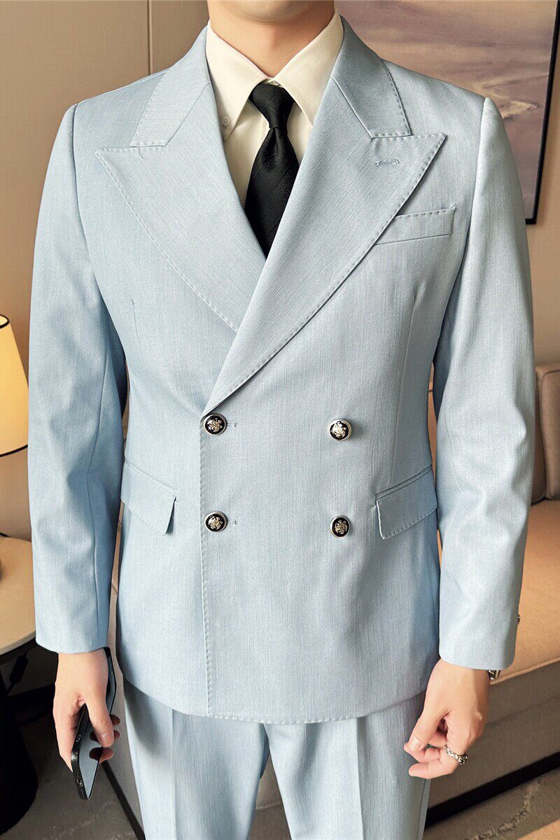 重磅加厚~布雷泽西服外套男双排扣大戗驳领西装牛仔蓝DX706-P193，男装西服，电商A213