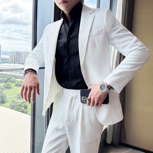 高级感华夫格帅气西服两件套男质感休闲西装套装白色LJT918-P205