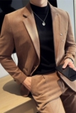 加厚毛呢西服外套条纹西装金属装饰厚款单西上衣咖啡色DX960-P155，男装西服套装，电商A213