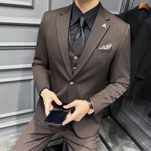 高级感色织面料西服套装条纹一粒扣西装三件套咖啡色SJT8019-P275图片
