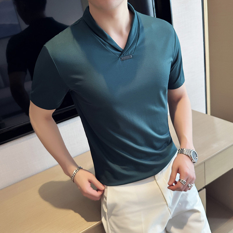 弹力性感V领青果领短袖T恤男高级感冰丝薄款T恤黑色T2413-P53,男装T恤,电商A213