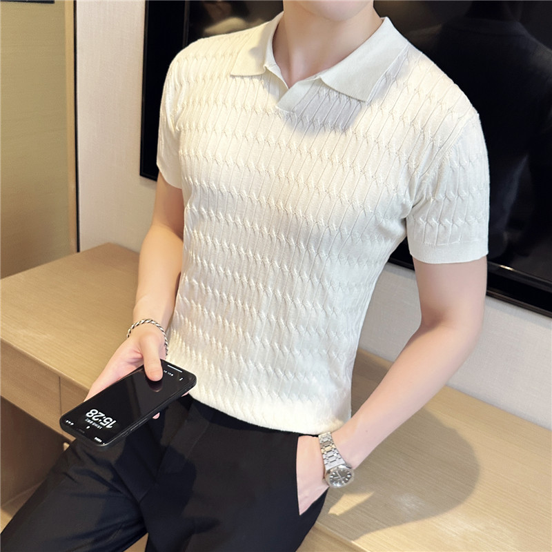 冰丝薄款V领针织提花短袖Polo衫男休闲翻领T恤宝蓝色PL269-P58,男装T恤,电商A213