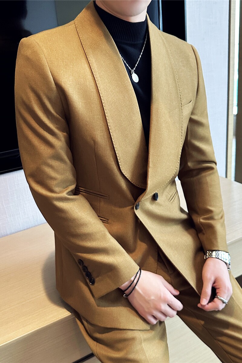 双排扣青果领男士质感休闲西服外套时尚西装卡其色DX8811-P137,男装西服套装,电商A213