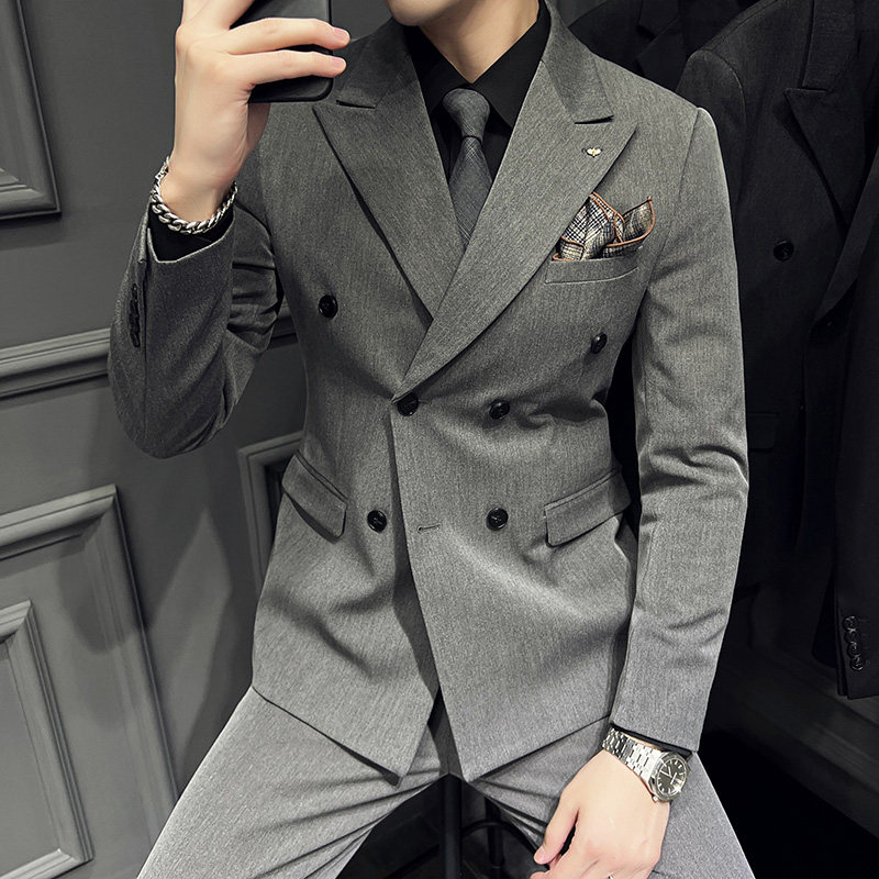 S-7XL高品质~加厚双排扣西服套装修身西装三件套黑色SJT412-P270,男装西服套装,电商A213