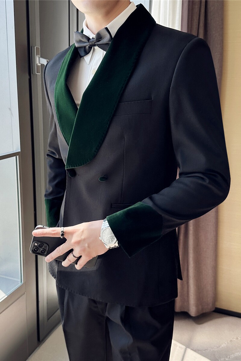 丝绒拼接青果领帅气西服两件套男士西装套装结婚礼服LJT941-P230,男装西服,电商A213